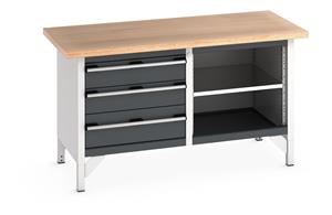 Bott Cubio Storage Workbench 1500mm wide x 750mm Deep x 840mm high supplied with a Multiplex (layered beech ply) worktop, 3 x Drawers (1 x 200mm & 2 x 150mm high) and an open section with full depth adjustable mid shelf.... 1500mm Wide Engineers Storage Benches with Cupboards & Drawers